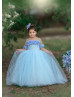 Short Sleeves Blue 3D Flowers Tulle Feather Sweet Flower Girl Dress